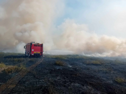 aljnövényzet, tarló ég. Tűzoltóautó is van a képen.